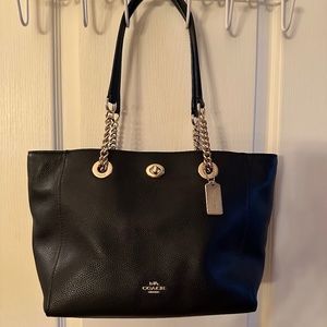 COACH Tote Shoulder Bag Black Pebble Leather Handbag Luxury Purse EUC